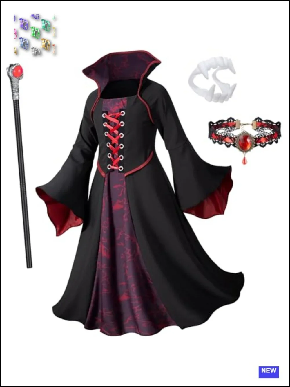 Girls Gothic Vampire Costume Set Dress Fangs Choker Staff Halloween